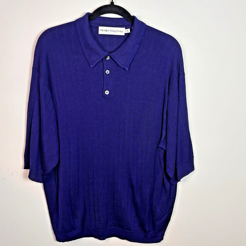 Vintage Henry Grethel Men's Purple 100% Silk Short Sleeve Polo Shirt Sz Large